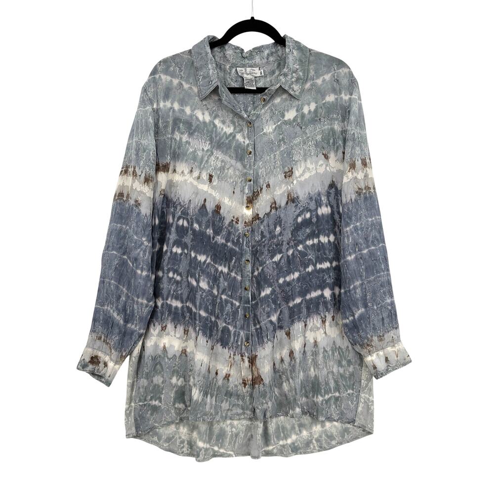 Soft Surroundings Size XL Button Up Tunic Top Tie Dye Silk Rayon Long Sleeve